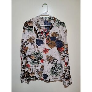 COOFANDY Tropical Floral Henley Shirt Mens Large White Long Sleeve Cotton Hemp